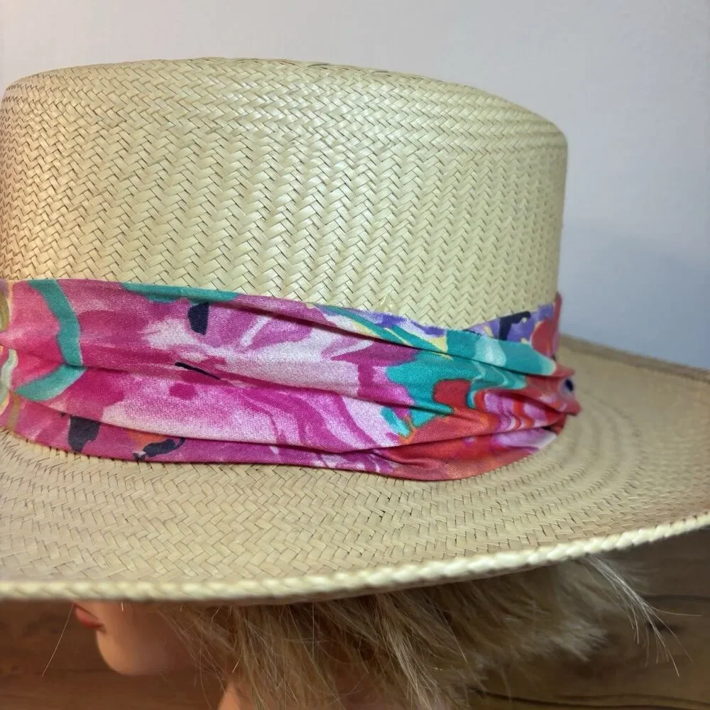 Vintage Straw Fedora Panama Hat Floral Scarf Band Wide Brim Summer Beach